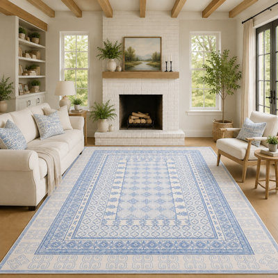 Bordered Geometric Machine Washable Area Rug