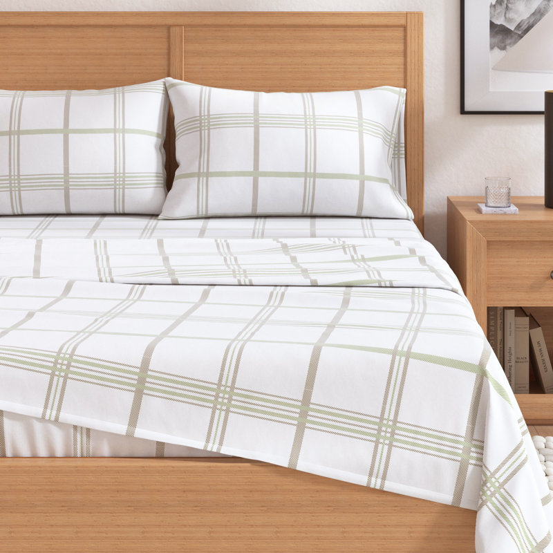 100% Turkish Cotton Flannel Solid & Plaid Sheet Sets, California King with 2 Pillowcases, Windowpane - Olive