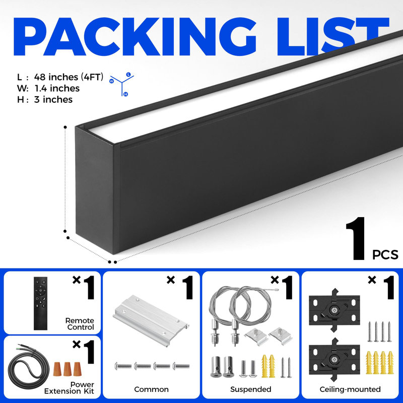 Luminaire linéaire à DEL Barrina 3575 Series avec télécommande, deuxième génération, connexion sans couture de 40 pieds, 3 000k à 6 000k, plafonnier à intensité variable pour bureau à domicile, noir, paquet de 1