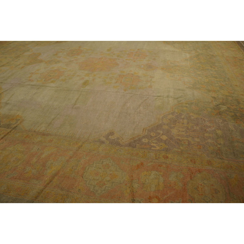 Wool Hand Knotted Pile Ivory Beige Cream White Large Floral Medallion Square Antique 1890s Rug