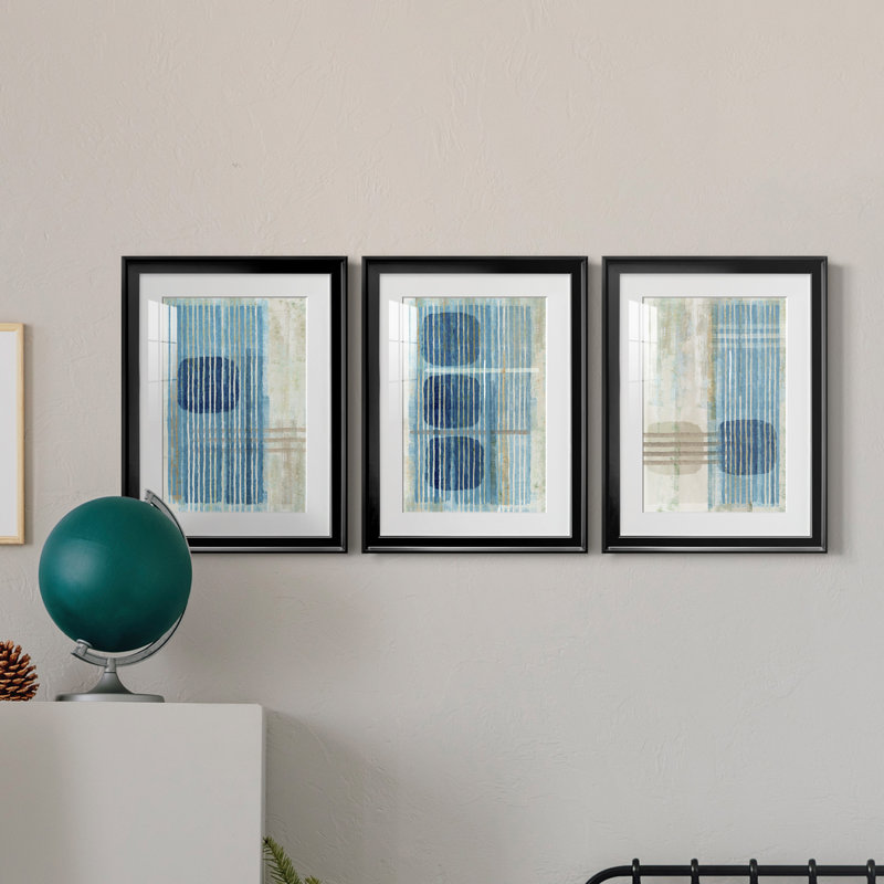 Blue Blue Horizon I - Ensemble de 3 cadres photo, H 42,5 po x l 91,5 po x P 1 po, Cadre noir