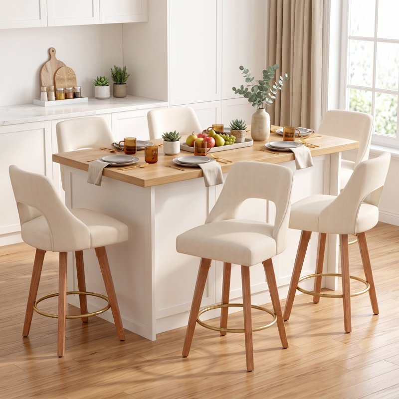 Swivel Linen Upholstered Counter Stool With Solid Wood Frame And Footrest, Beige, 6