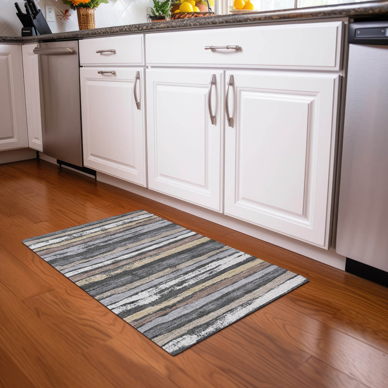 Charcoal and Beige Striped Synthetic Washable Rug