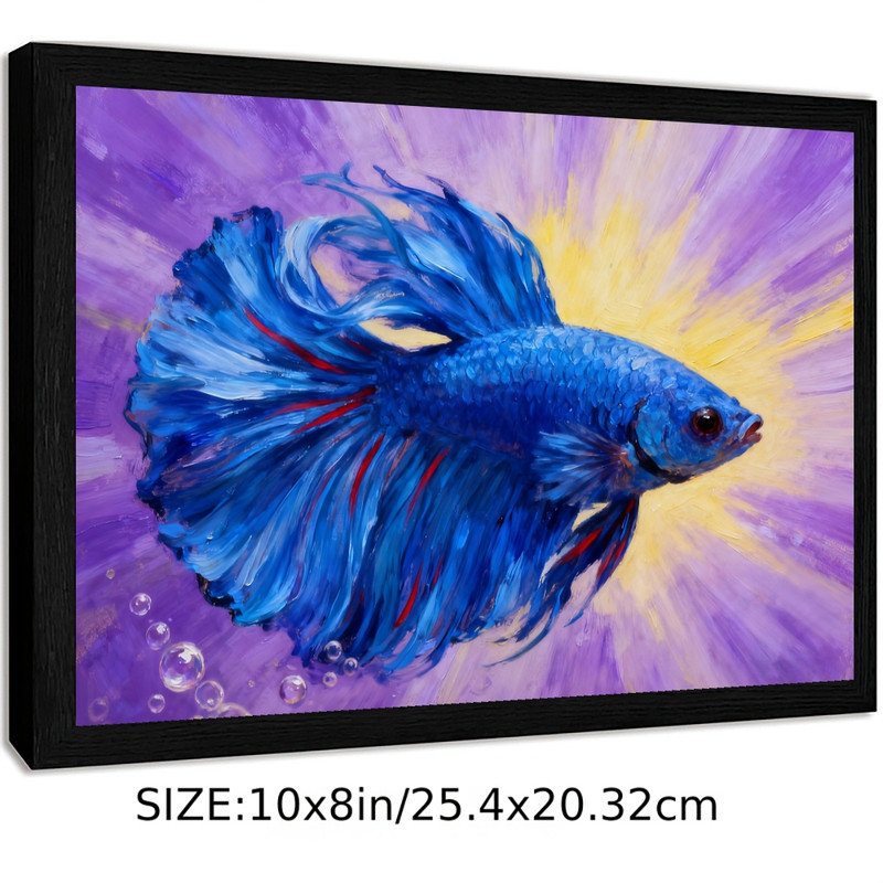 Black Framed Blue Fish Art, Vibrant Impressionist Aquatic Painting Framed Prints, 9" H x 11" W