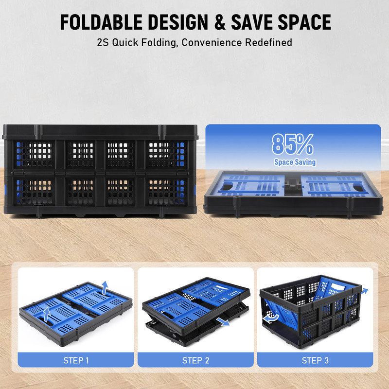 Collapsible Plastic Crate, Foldable Storage Basket, Stackable Utility Crate with Handle