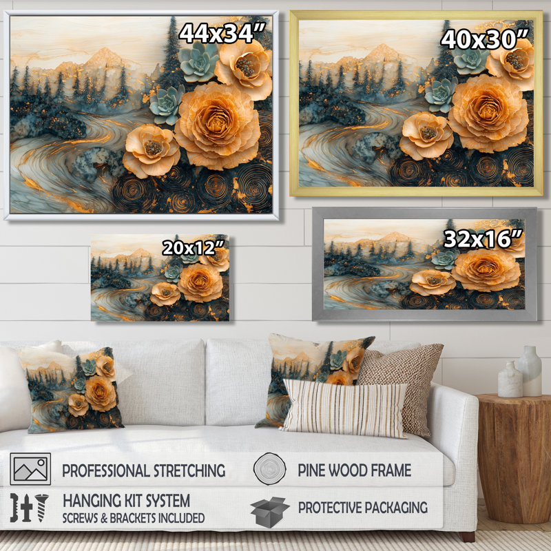 Moheez en bois fleurs succulentes dans la rivière paysage II - art mural succulent, 12" H x 20" W, Noir
