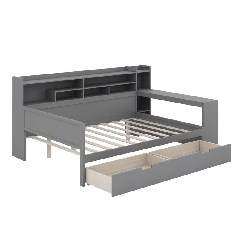 Lit de jour double avec tablettes, tiroirs et bureau, Gris