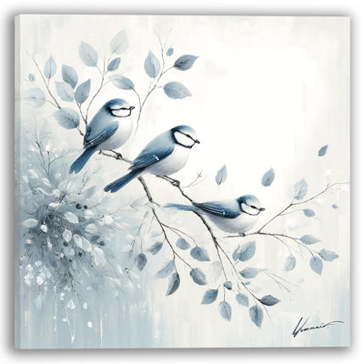 Trio of Blue Birds on Branches Wrapped Canvas Wall Art