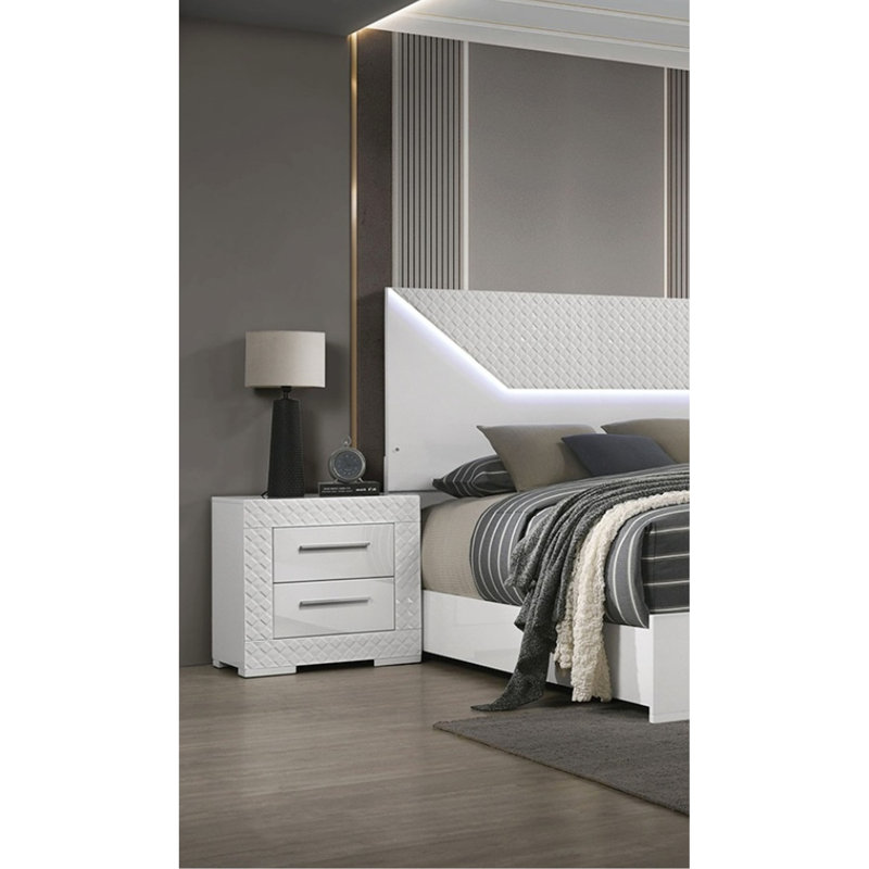 Table de chevet blanche ultrabrillante de style moderne avec 2 tiroirs latéraux en métal, quincaillerie et poignées de bar pour chambre à coucher