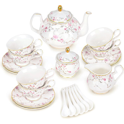Service à thé en porcelaine floral 21 pièces avec pot à sucre en vigne