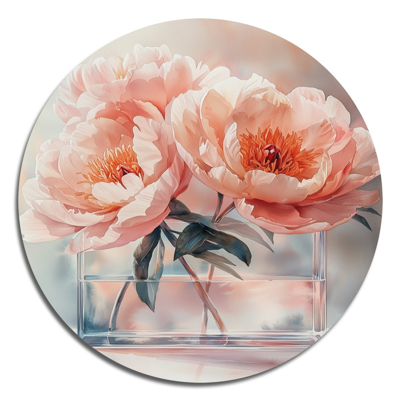 Pivoines flottantes dans un vase de tranquillité - impression d'art en métal rose traditionnel, H 23 po x l 23 po