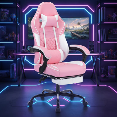 This Pink And White Racing-style Ergonomic Gaming Chair Features A Massage Lumbar Support, Footrest, And Adjustable Headrest For Comfortable Play.