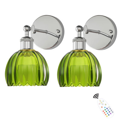 Appliques murales polyvalentes argentées sans fil avec verre tulipe vert, appliques murales à piles sans fil, modes RVB pour utilisation multi-scène (paquet de 2)