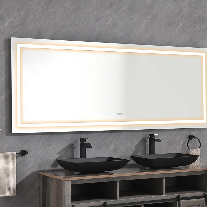 Miroir de salle de bain 72 po x 30 po à DEL avec façade et rétroéclairage, miroir de meuble-lavabo mural, antibuée, mémoire, 3 couleurs, réglable en continu