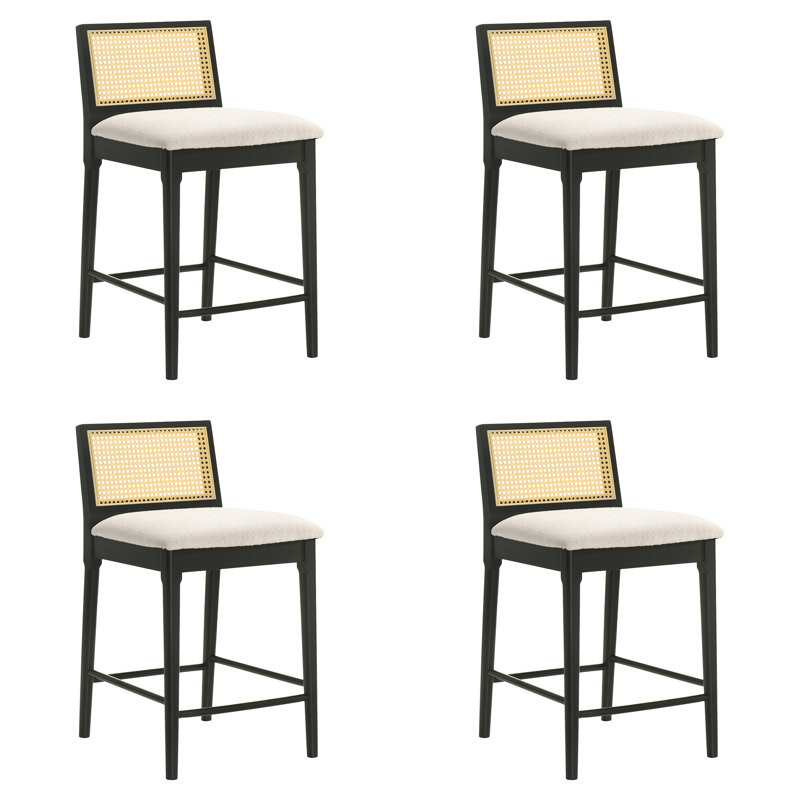 Tobias Coastal Modern Wood Counter Height Kitchen Bar Stool In Black Finish With White Boucle Fabric Upholstered Seat - Set Of 4