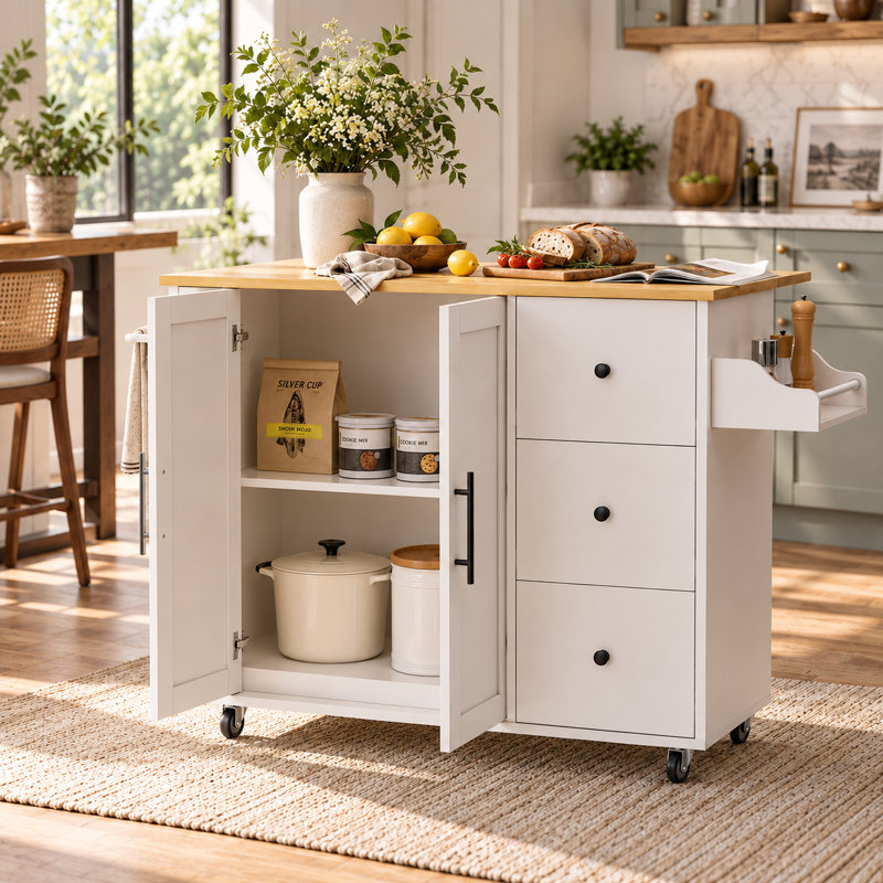 Îlot de cuisine à roulettes de 102 cm avec abattant, rangement, porte-épices et barre à serviettes, table d'îlot extensible