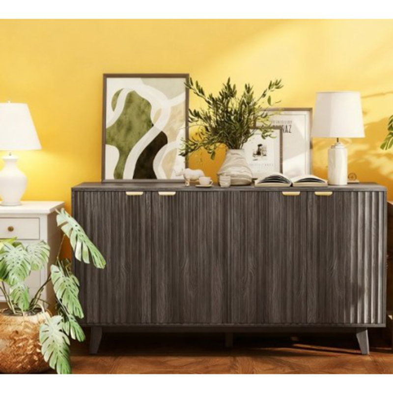 Coffee Bar Cabinet,Fluted Sideboard Buffet Cabinet,with Doors,Adjustable Shelves,Wood Legs, Dark Grey