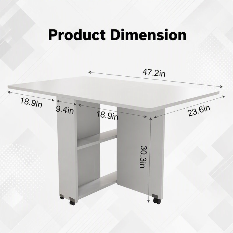 Table de salle à manger pliante à abattants avec 6 roulettes et 2 tablettes de rangement, table compacte pour petits espaces, P 47,2 po x l 23,6 po x H 30,3 po, blanc
