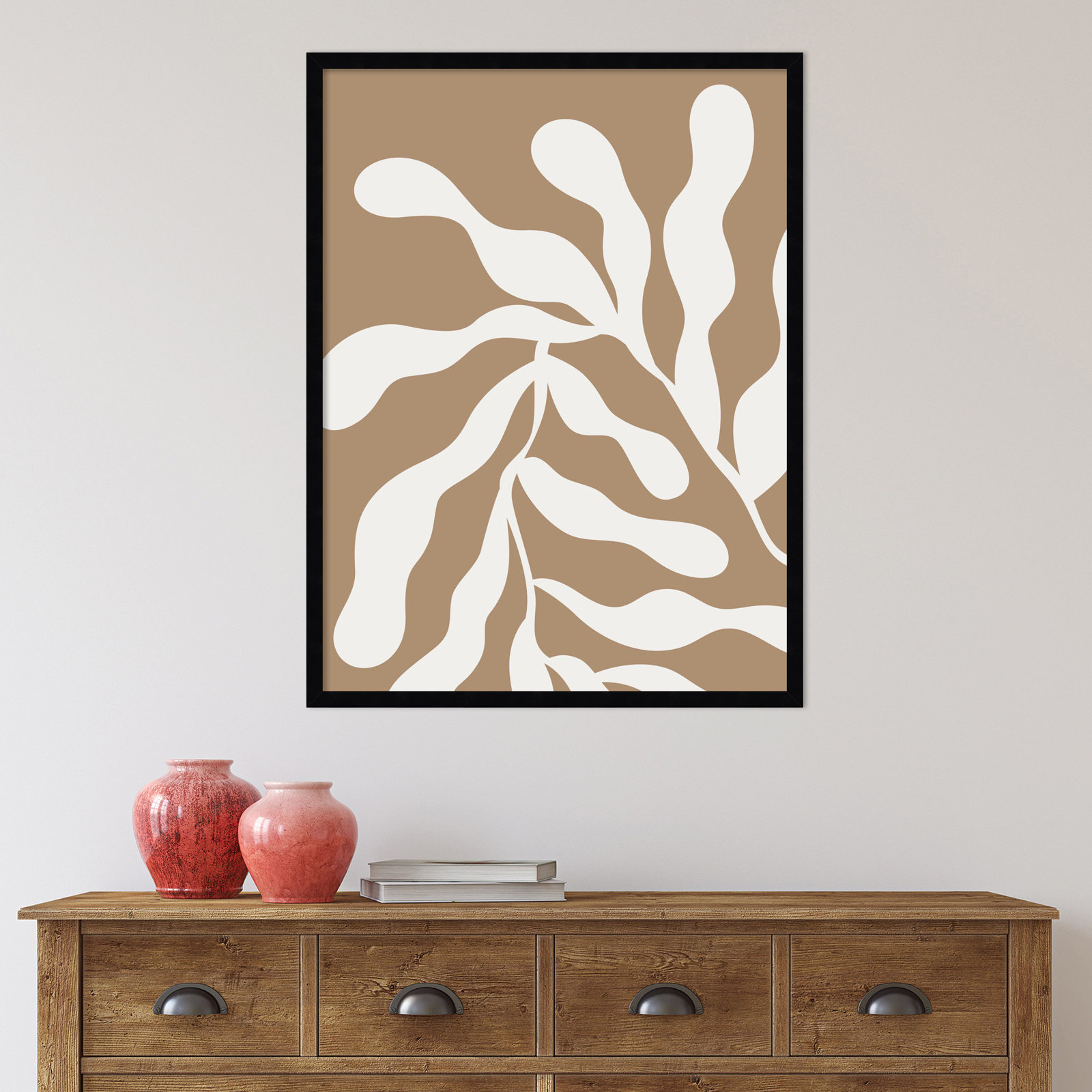 Retro Matisse Inspired Abstract Botanical 1 Beige by The Creative Bunch Studio, Black, 33" H x 25" W x 1" D