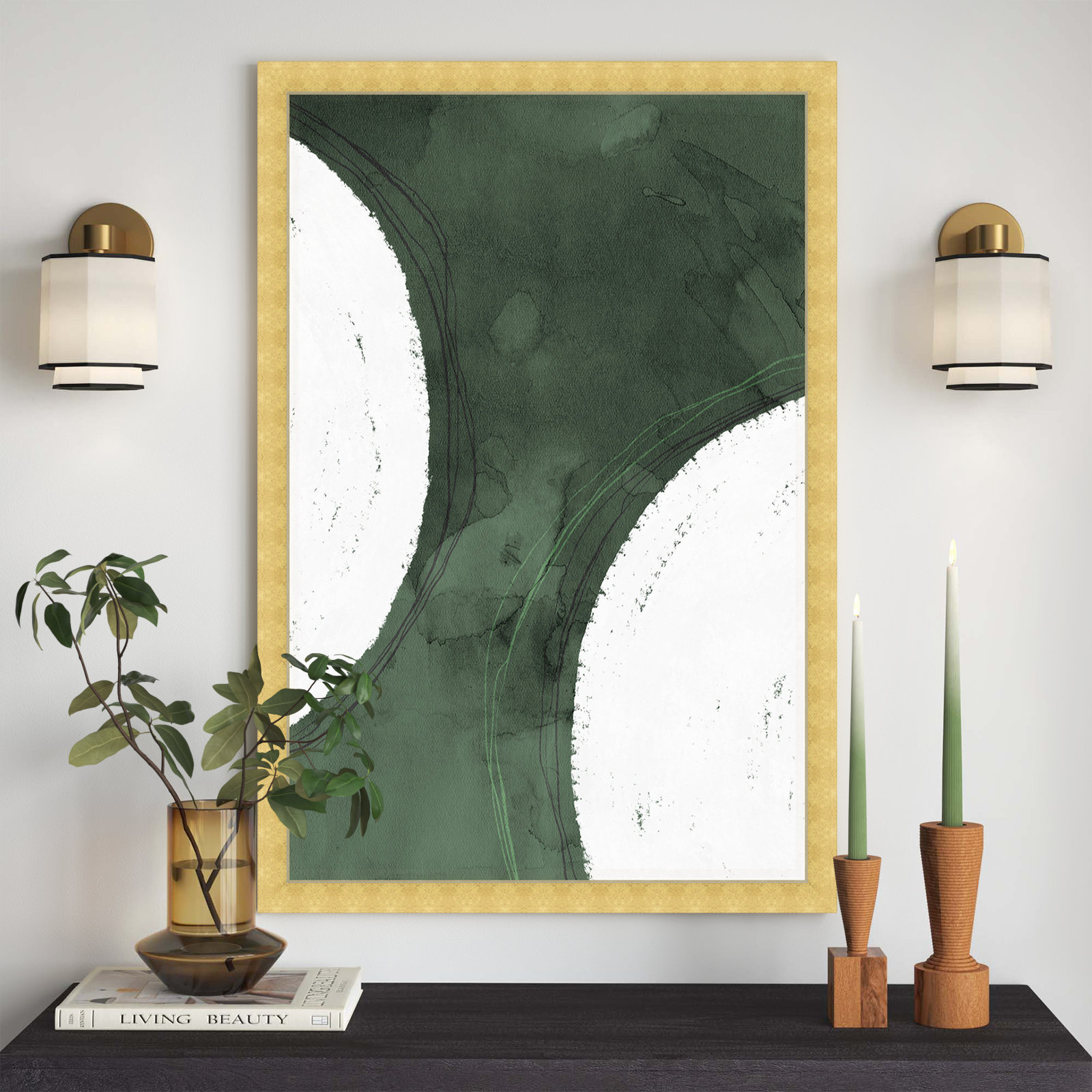Green Moon Painting by Oliver Gal, 47" H x 32" W x 0.5" D, Gold