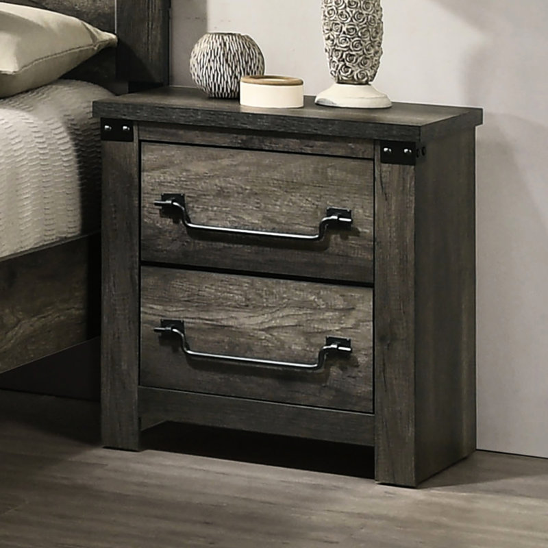 Armoire de chevet à 2 tiroirs gris rustique, table de chevet de style contemporain, papier, bois d'ingénierie, poignées tombantes couleur laiton antique, glissières en métal au centre, avant et arrière anglais, table de chevet facile à assembler