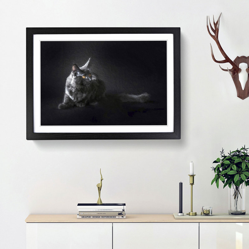 Maine Coon Kitten - Picture Frame Painting Print on MDF, 36cm H x 48cm W x 2cm D, Black Framed