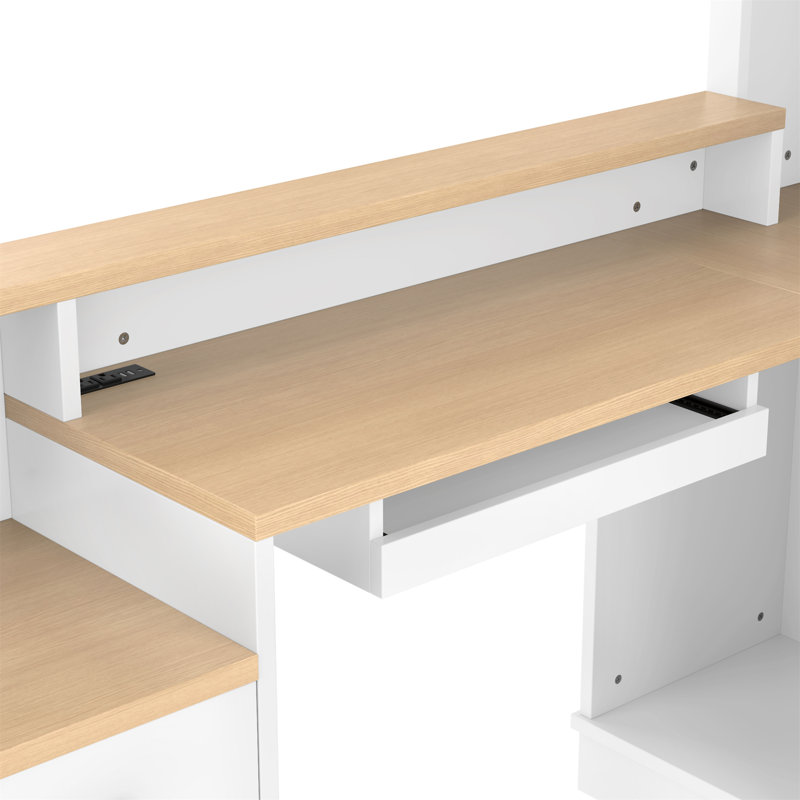 L-Shaped Computer Desk With Outlet (Not Include Stools), Natural, White