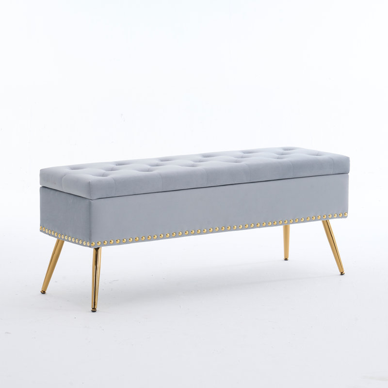 Velvet Storage Ottoman Bench Modern Bedroom End of Bed Bench with Gold Legs, Gray, 18" H x 46" W x 15.5" D