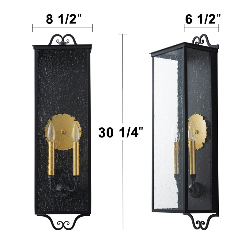 Black Outdoor Wall Lantern Sconce With Seeded Glass And Gold Accent, 30.25" H x 8.50" W x 6.50" D, 2