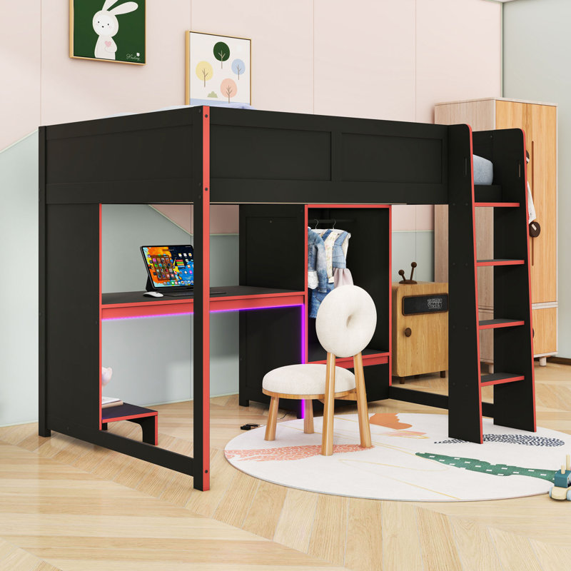 Lit mezzanine en bois avec bureau intégré, 1 tiroir, armoire et éclairage DEL, Complète