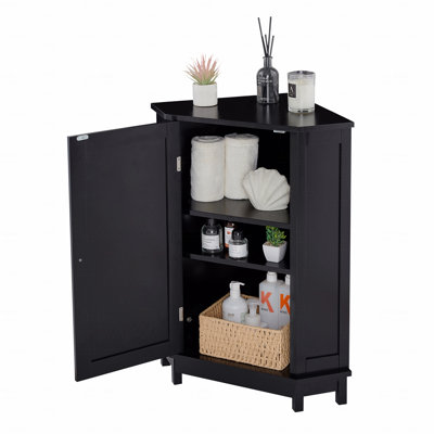 Armoire de rangement en coin noire avec tablettes réglables et porte simple