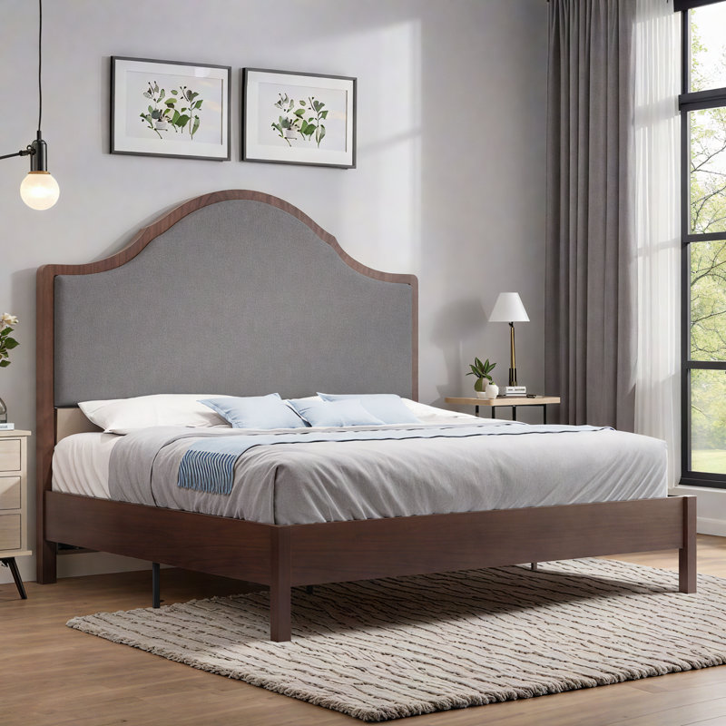 Solid Wood Bed Frame with Upholstered Headboard, Modern Design, No Box Spring Needed, Brown, Queen