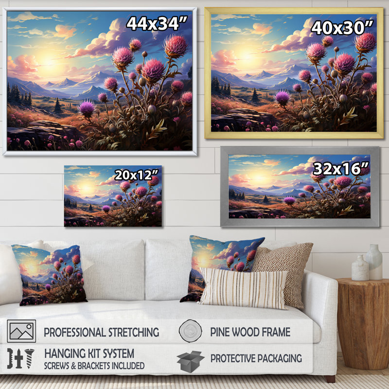 Purple Thistle Thought - Floral Wall Art Living Room, H 16 po x l 32 po x P 1 po, Cadre flottant doré