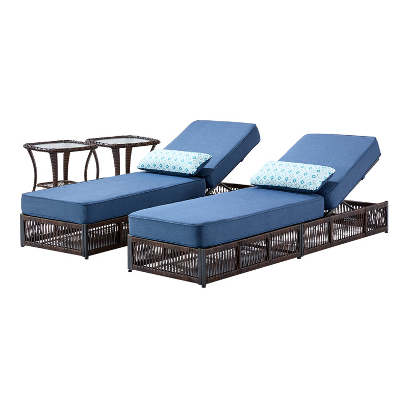 Wickes 4-Piece Outdoor Chaise Lounge Set, 2 All-Weather Wicker Recliners With 2 Side Tables, Blue