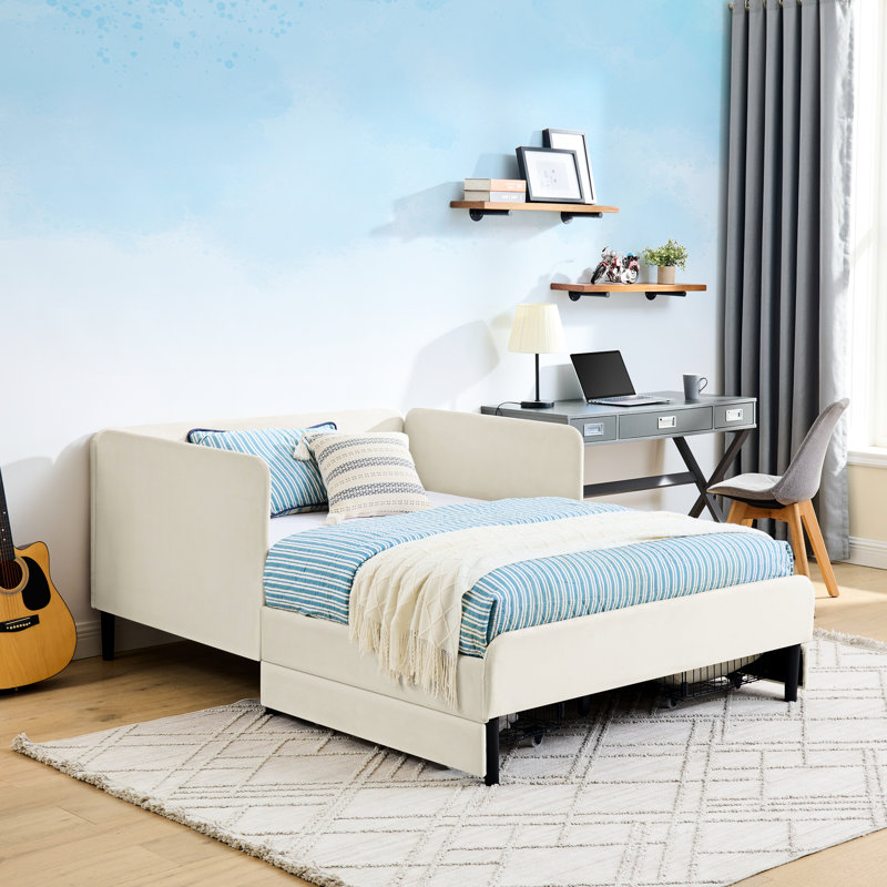 Full Size Beige Upholstered Platform Bed With 2 Storage Drawers, Convertible Velvet For Modern Bedroom Aesthetics And Comfort Bed, Drawers Flexible Use In Small Homes