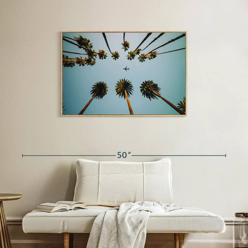 Avion au-dessus de palmiers, Cadre flottant en bois naturel, 37 po x 25 po