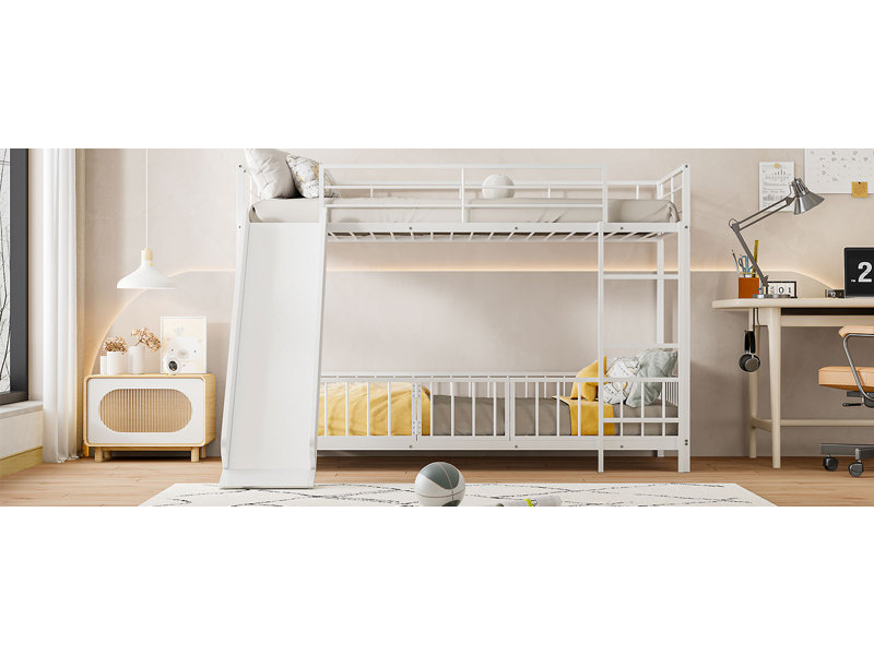 Lit superposé en métal avec glissière et garde-corps, Simple, Blanc
