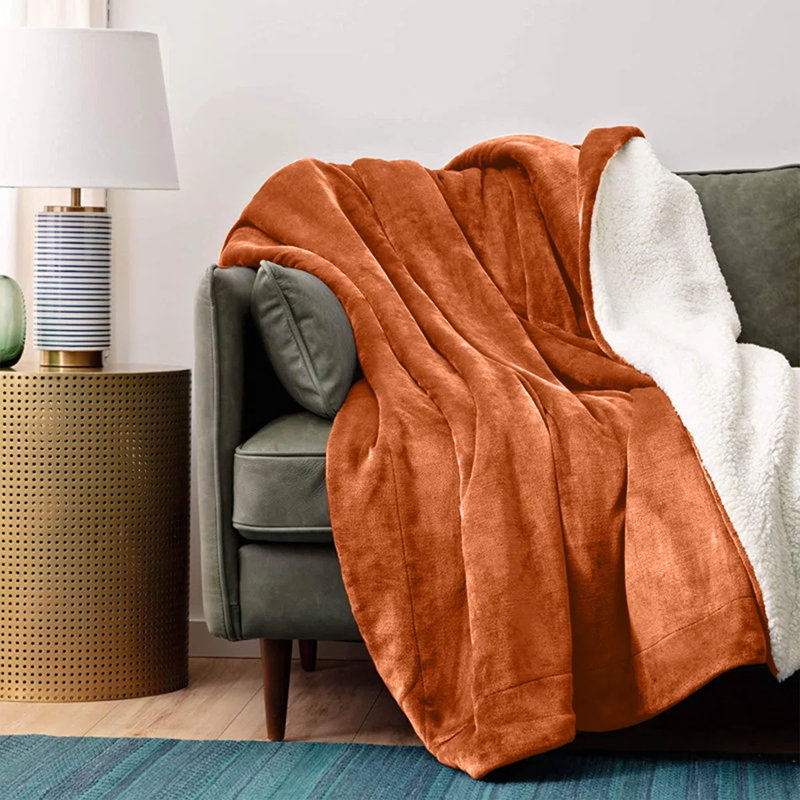 Super Soft Sherpa Fleece Fur Thick Dual Sided Flannel Reversible Blanket Throw, King 200cm x 240cm, Rust