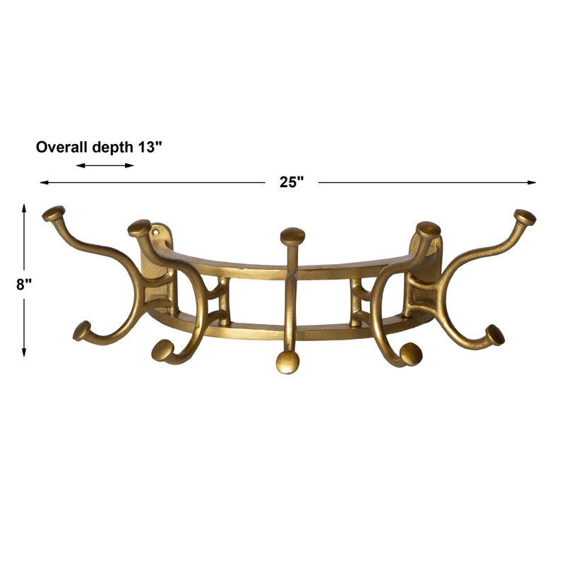 Antique Brass 25'' Wall Mounted Coat Rack with 5 Hooks