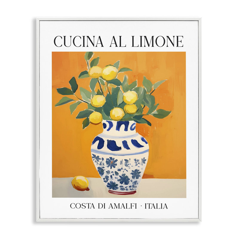 «Lemon Branches in Italian Vase», estampe numérique encadrée, H 14 po x l 11 po, Estampe numérique encadrée blanc bord de mer