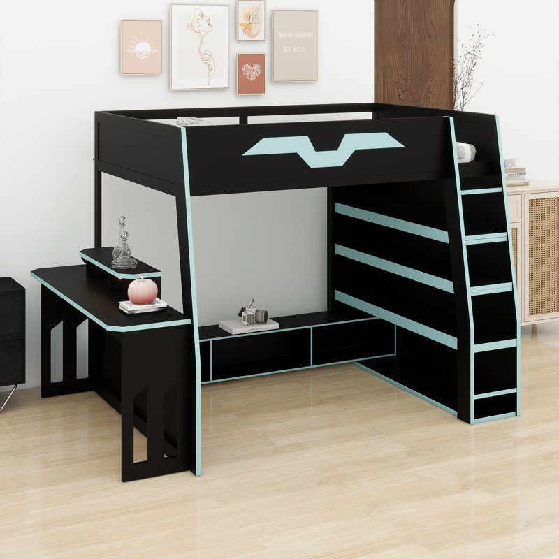 Functional Loft Bed System with Multi-Storage, Customizable RGB Lighting, and Desk with Variable Placement, Blue
