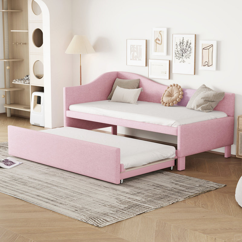 Twin Size Upholstered L-Shaped Upholstered Daybed With Pop Up Trundle, Pink
