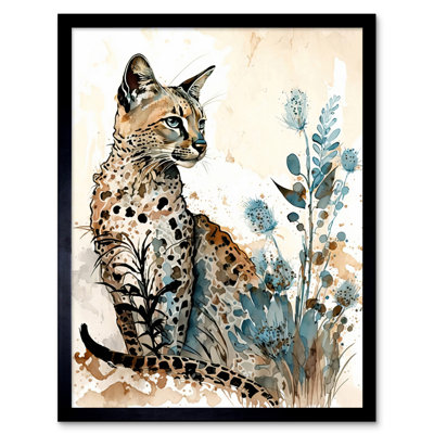 Savannah Cat And Wildflowers Modern Watercolour And Ink - Single Picture Frame Print