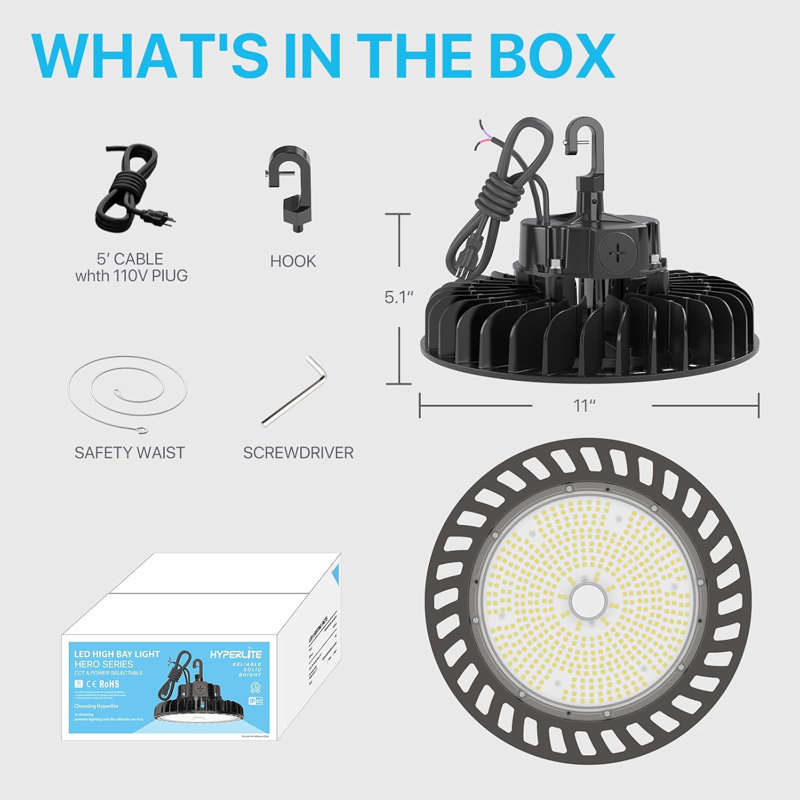 Ensemble de 4 lumières à DEL UFO 250W, 36,250lm, 5000K, 1-10V à intensité variable, câble de 5 pi avec fiche, crochet et corde, homologué UL