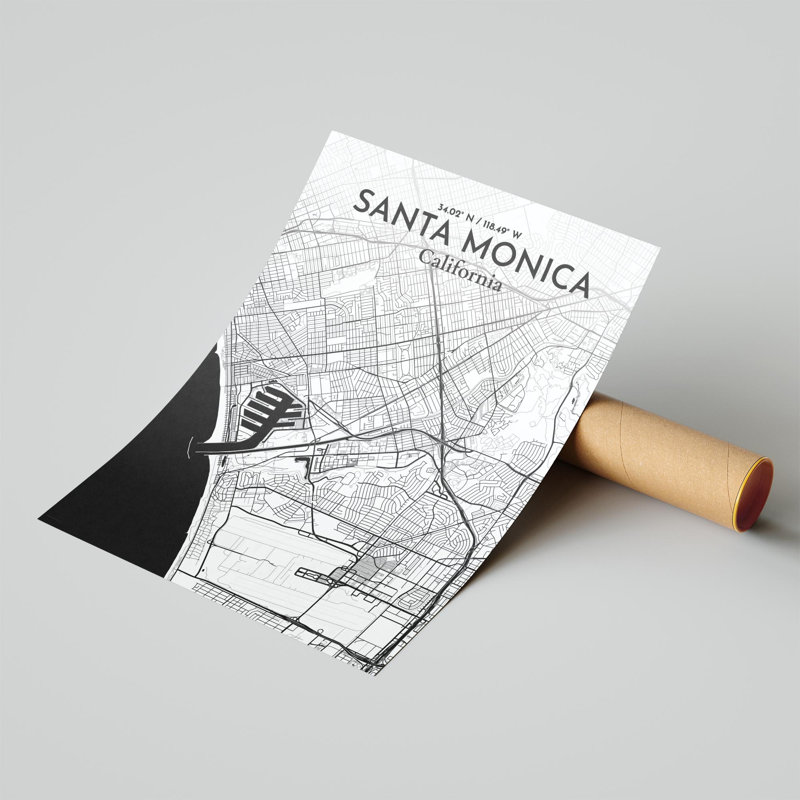Santa Monica, carte de la ville, impression, H 24 po x l 18 po, Noir et blanc