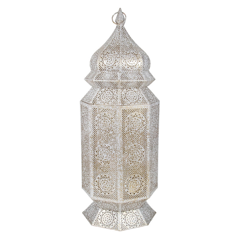 29.5" Moroccan Style Floor Pillar Candle Lantern, Distressed White/Gold
