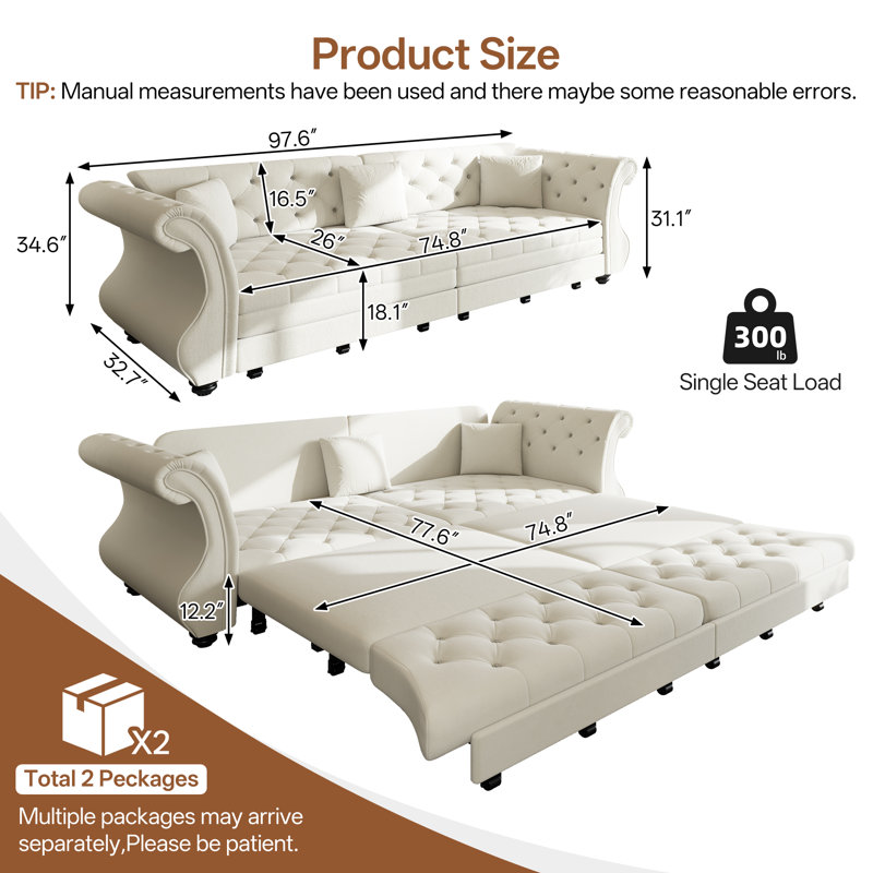 Canapé-lit 98 po très grand Chesterfield, H 34,6 po x l 98 po x P 33 po, Blanc / beige