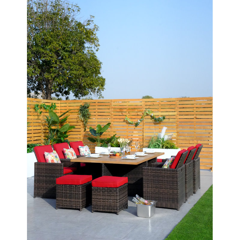 6 - Person Wicker Patio Dining Set with Rectangular Table , Cushions Included, Brown, Red