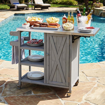 Îlot de cuisine pliable et chariot de patio mobile, station de préparation extérieure portable avec roues verrouillables, armoire de rangement et porte-serviettes pour patio et cour arrière, gris