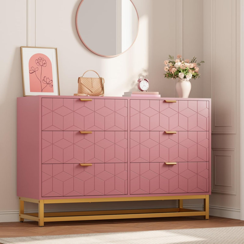 Commode 6 tiroirs rose avec rangement large, commode en bois avec pieds en métal, commodes modernes et commodes pour chambre à coucher
